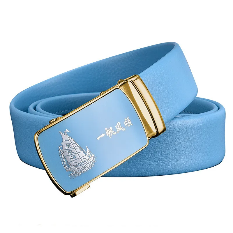 2023 New Men and Women Sky-blue Automatic Buckle Belt Fashion Men's Business Leisure Belt Bandwidth 3CM & 3.5CM