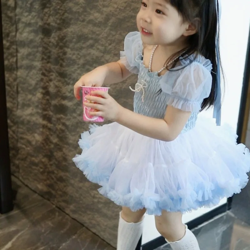 

New Summer Dress for Girls, Blue Short Sleeved Pretty Blue Sweet Mesh Princess Dress, Stylish