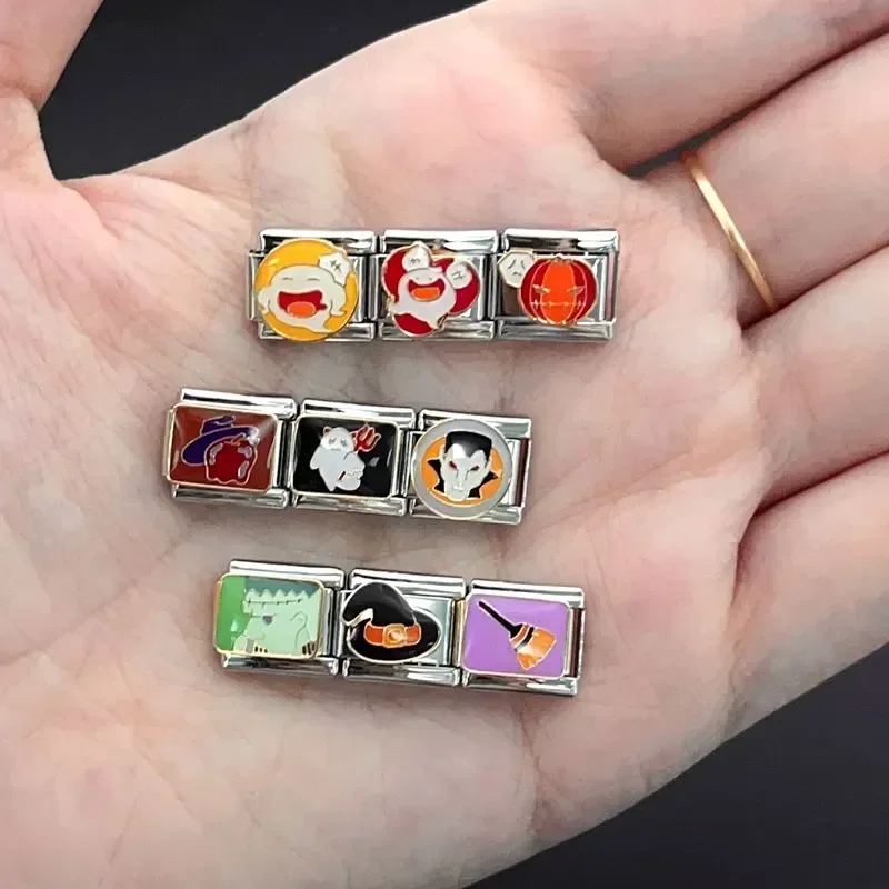 Italian Stainless Steel Charm Bracelet 9mm Module Splicing Halloween Color Retro Gothic Jewelry Making Diy for Women Men