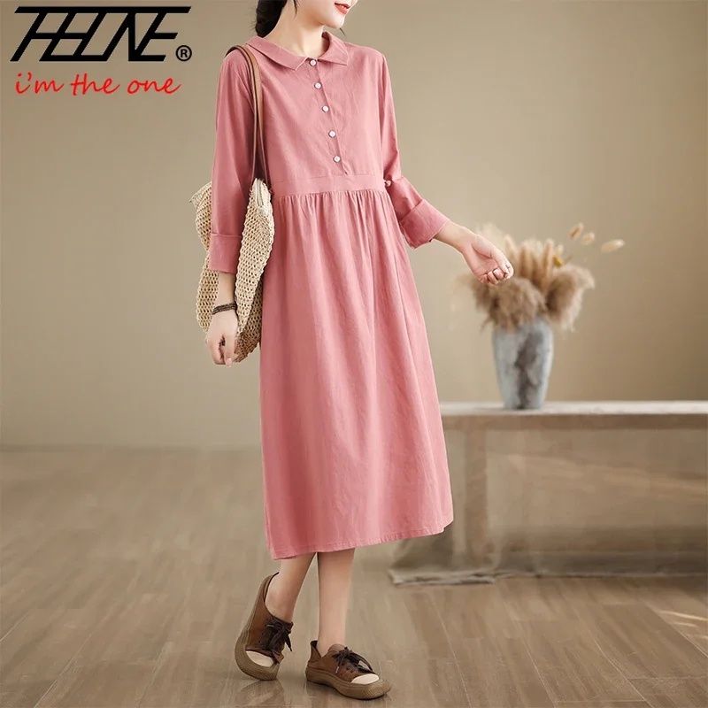 Autumn Dress Women Long Sleeve Casual Solid Cotton Linen Peter Pan Collar Vintage Korean Loose Chinese Dresses Vestidos De Mujer image 4