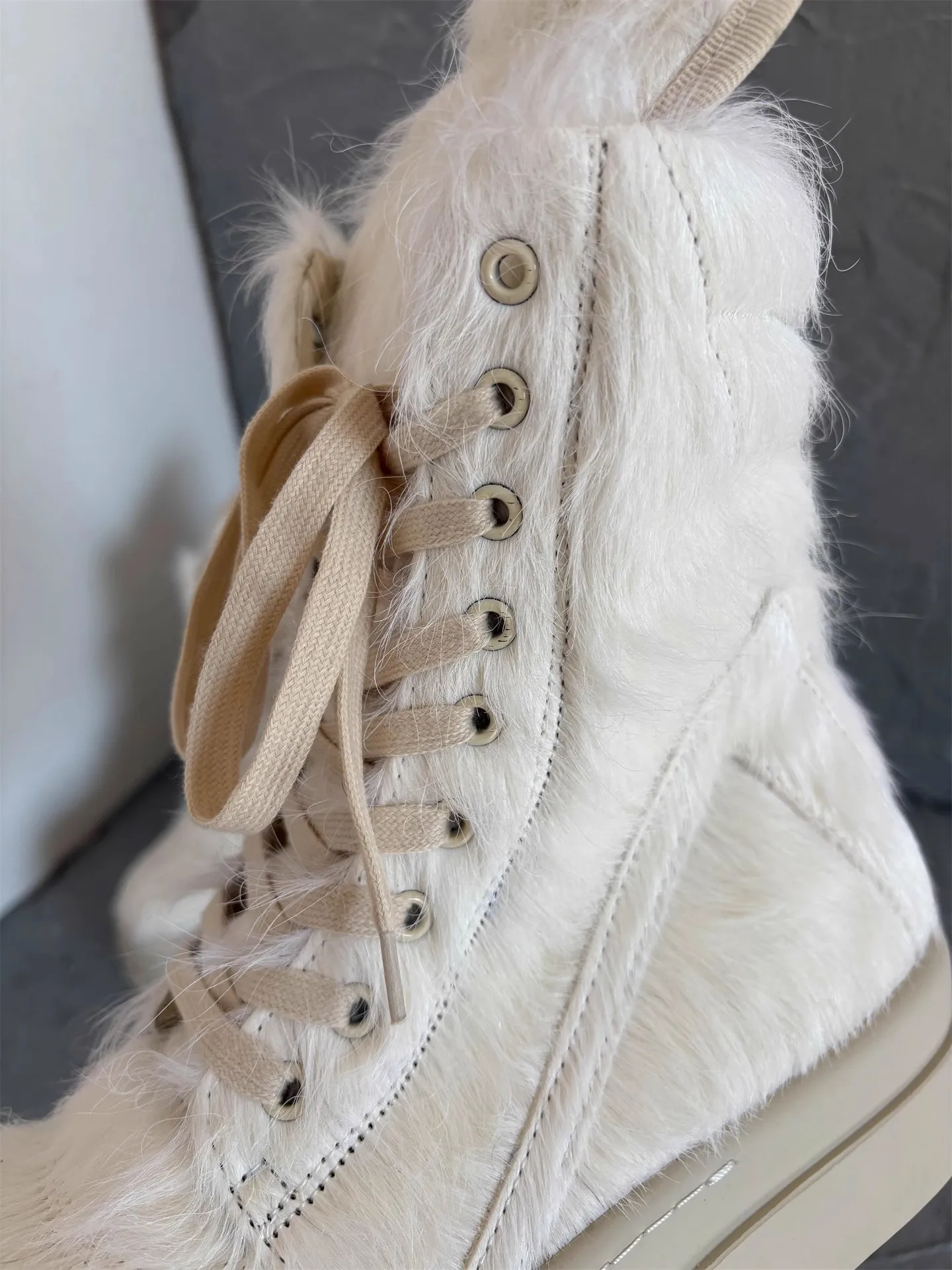 Men Boots Horsehair Genuine Leather Mid-Calf Women Ankle Shoes Owens Platform Increase Thick Sole 6 Cm Vintage Designer Shoe
