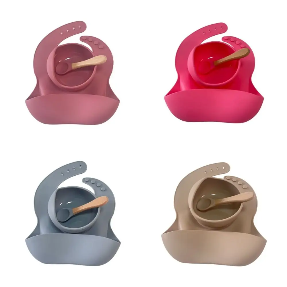 ชุดชามซิลิโคนสำหรับเด็ก ชุดอาหารเด็ก 3 ชิ้น ชามซิลิโคนกันลื่น ชุดผ้ากันเปื้อนสำหรับเด็กทารก