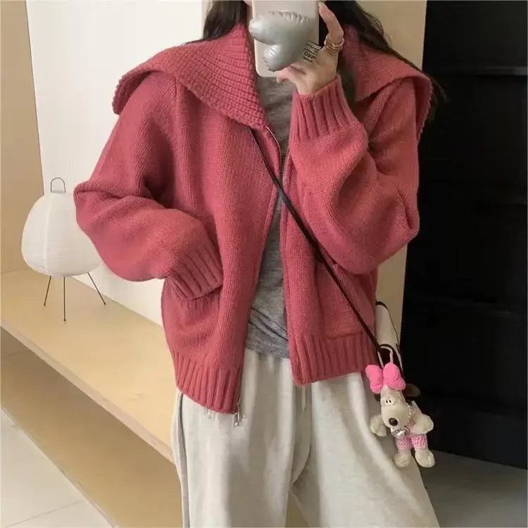Women\'s Turn Down Collar Long Sleeve Knitted Sweaters, Short Cropped Cardigan, Double Zip, Autumn, Winter
