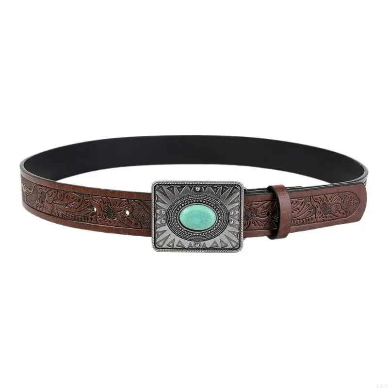 P88B PU Lederen riem reliëfpatroon riem turquoise gesp bakband taille decors