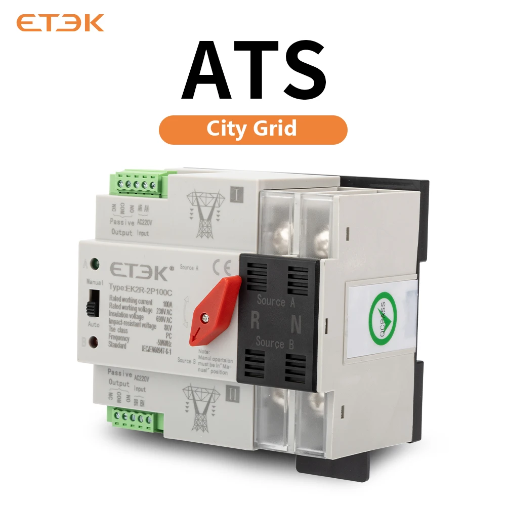 ETEC Dual Power Single-phase 100A 220VAC PC-level Automatic Transfer Switch City Grid and Inverter EK2R.