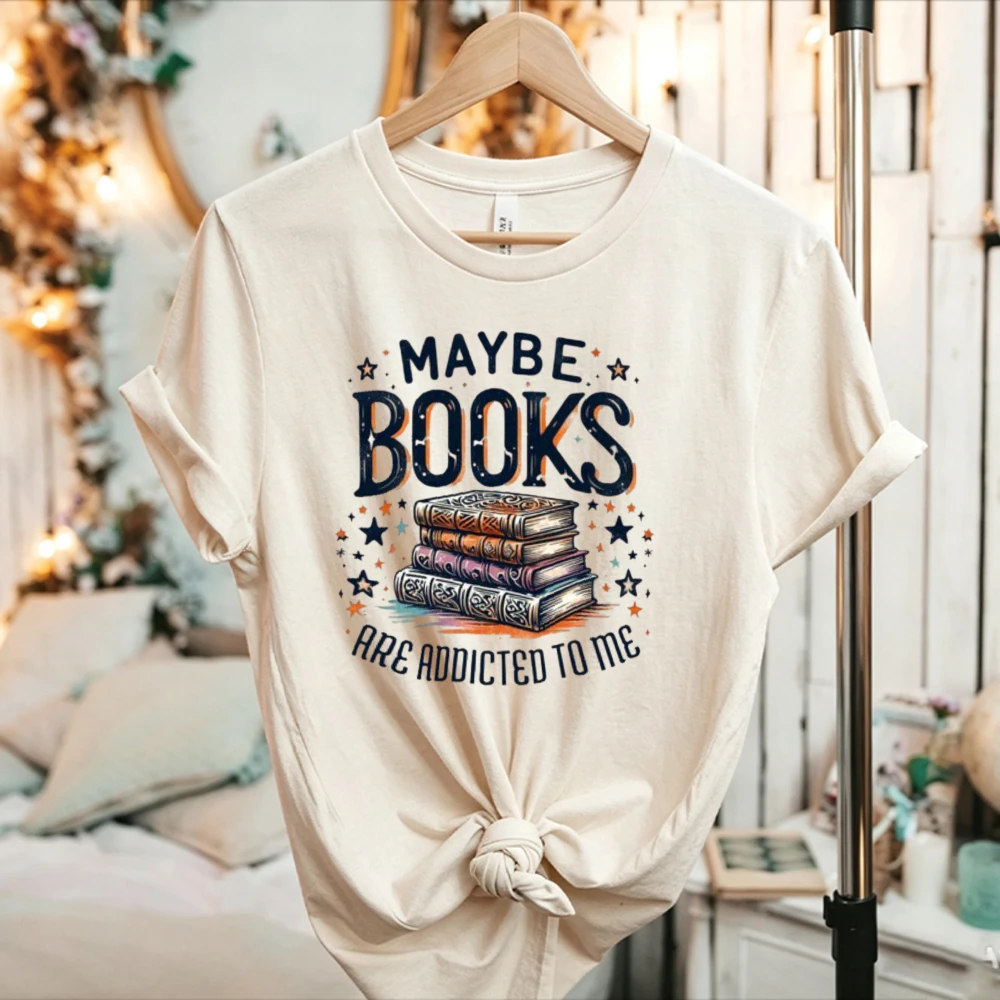 Unisex Book Lover Sweatshirt Funny Reading Gift Crew Neck Short Sleeve Relaxed Fit Novel Stacked Stars White Tee for Women Men