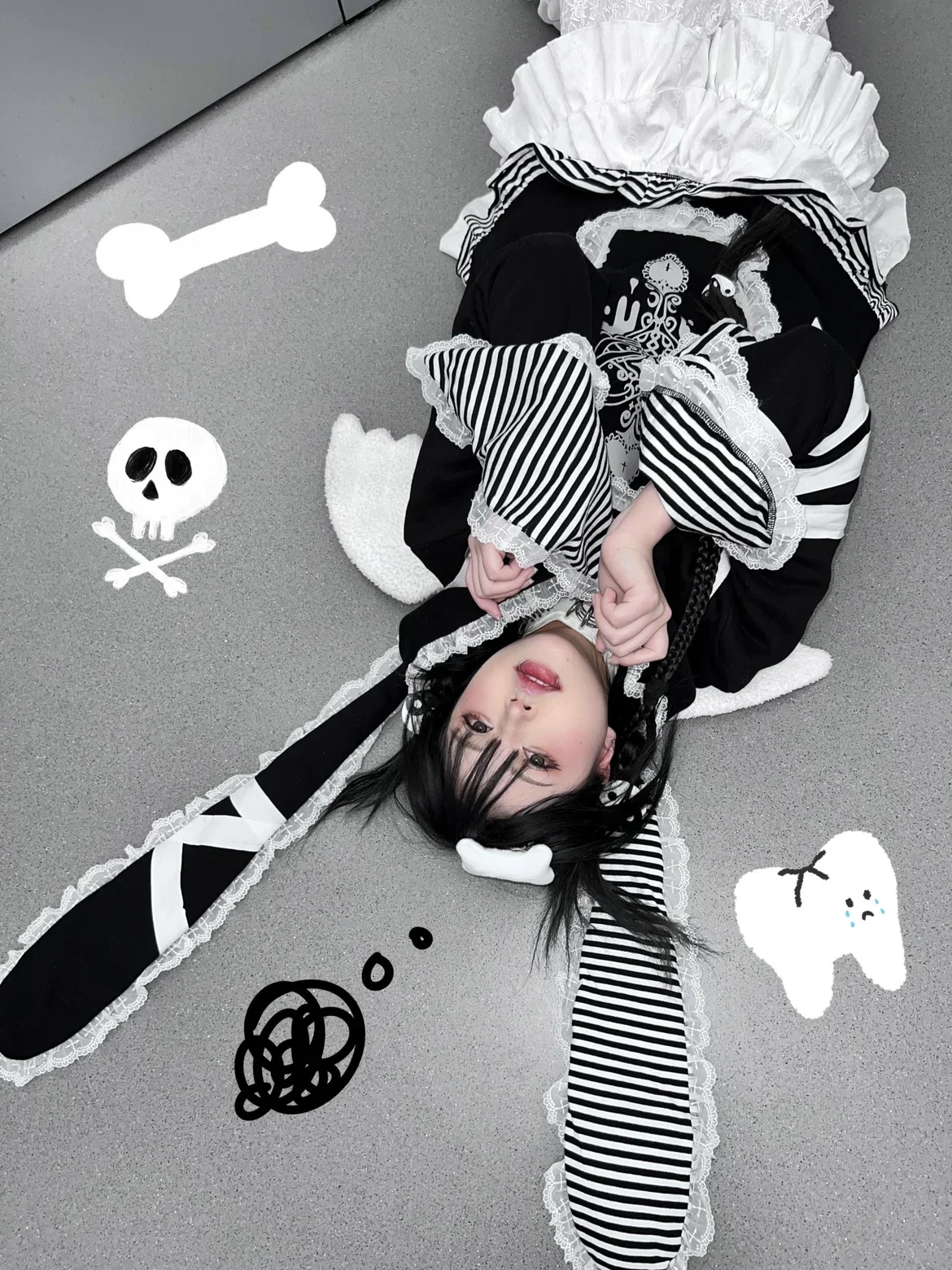 Original Subculture Warm Bunny Ear Lace-up Sweatshirt Holt Girls Cute Sweet Black White Stripe Lace Cardigan Spring Top Jacket