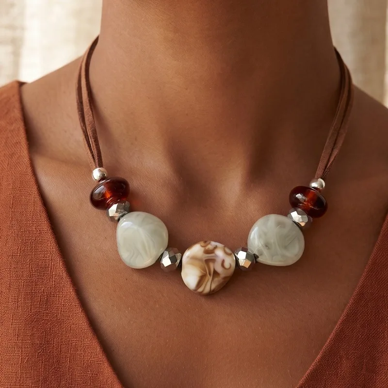 Retro Bohemian Handmade Beaded Necklace Female Alien Resin Clavicle Chain Cross-border Foreign Trade Source Manufacturer Wholesa