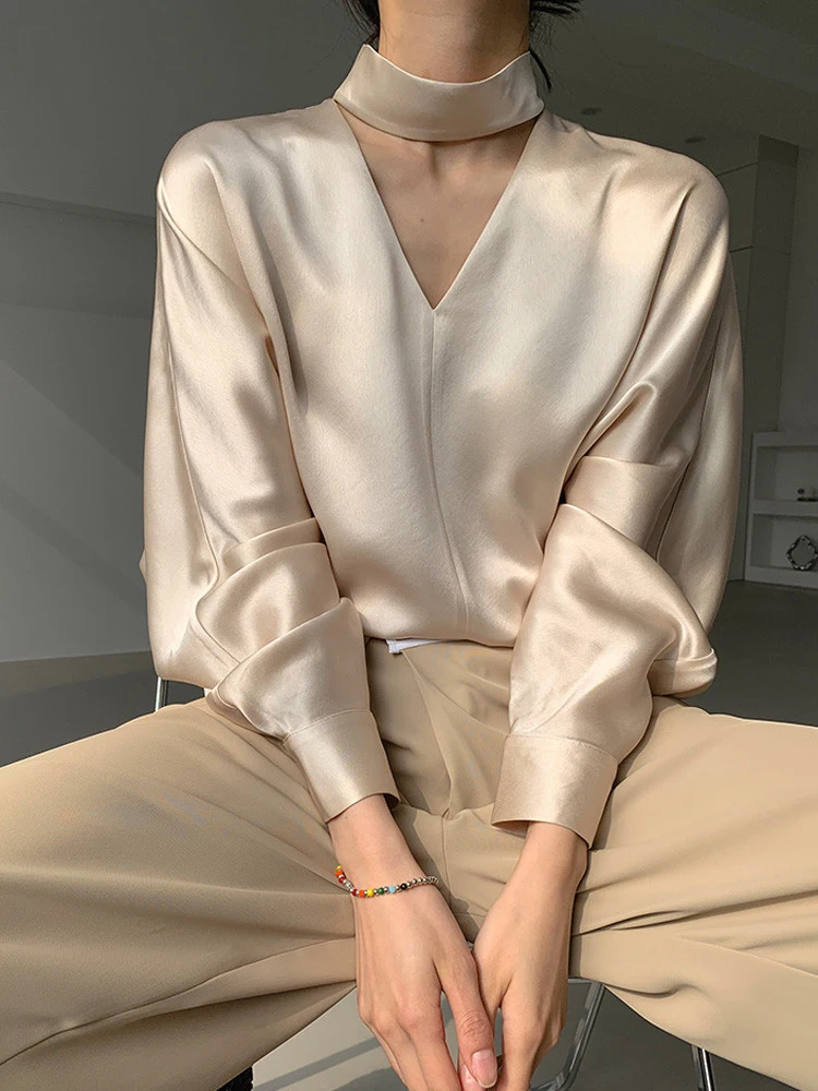 DEAT V Neck Elegant Shirt Women Loose Full Sleeve Office Lady Pullover Solid Color 2024 Spring Summer New Fashion Blouse 15G6968