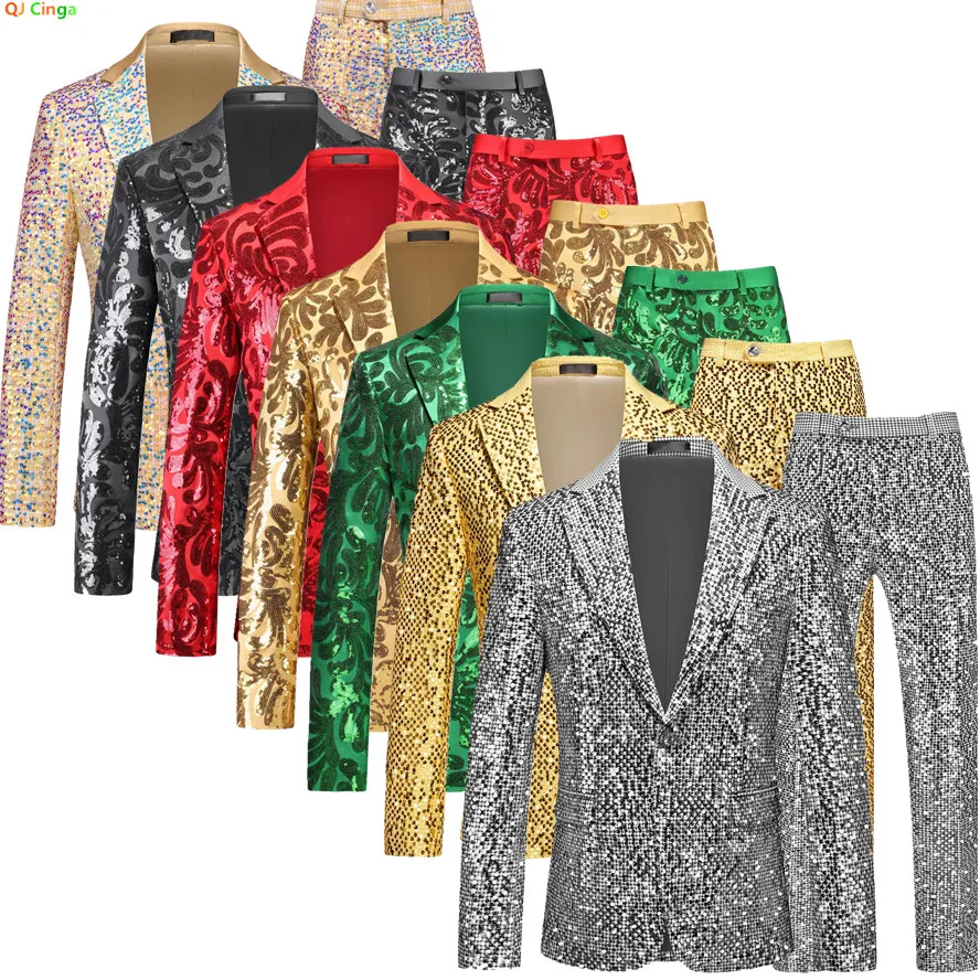 2026 New Men's Silver Suit Two-Piece Set, Wedding Party Jacket with Matching Pants, Asian Sizes, Available in Gold, Red, Blue