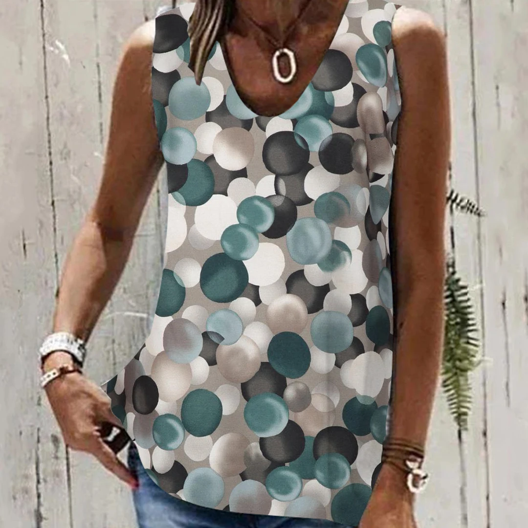 

Plus Size Women Sleeveless U-neck Polka Dot Colorblock Top