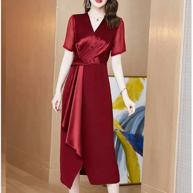 

2023 Summer Acetic Satin Dress Women New Noble Temperament Mid Length Skirt Female With Slim Waist Covered Belly Splicing Dress