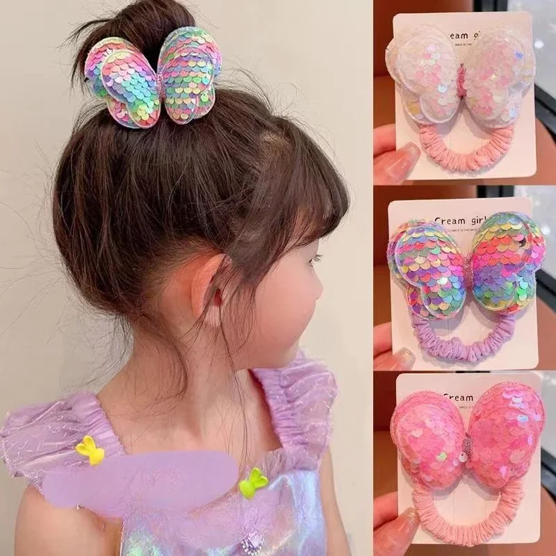 Kids Sequin Butterfly Hair Rope Rubber Band Children's Ponytail Hair Tie Colorful Hair Bands for Girls Accessories Scrunchies