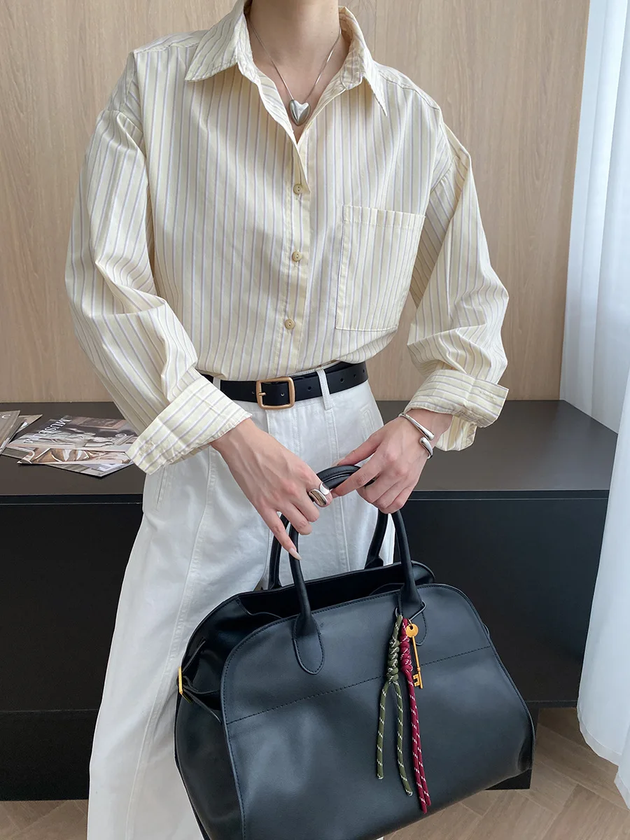 

French style commuting striped lapel loose casual long sleeved shirt