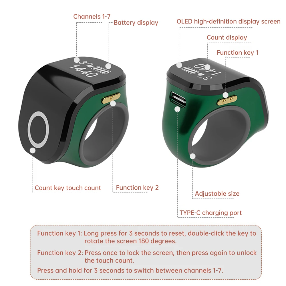 Contatore digitale Smart Tasbih Tally per musulmani Tasbeeh Zikr Ring Time Promemoria per l'apprendimento del timer