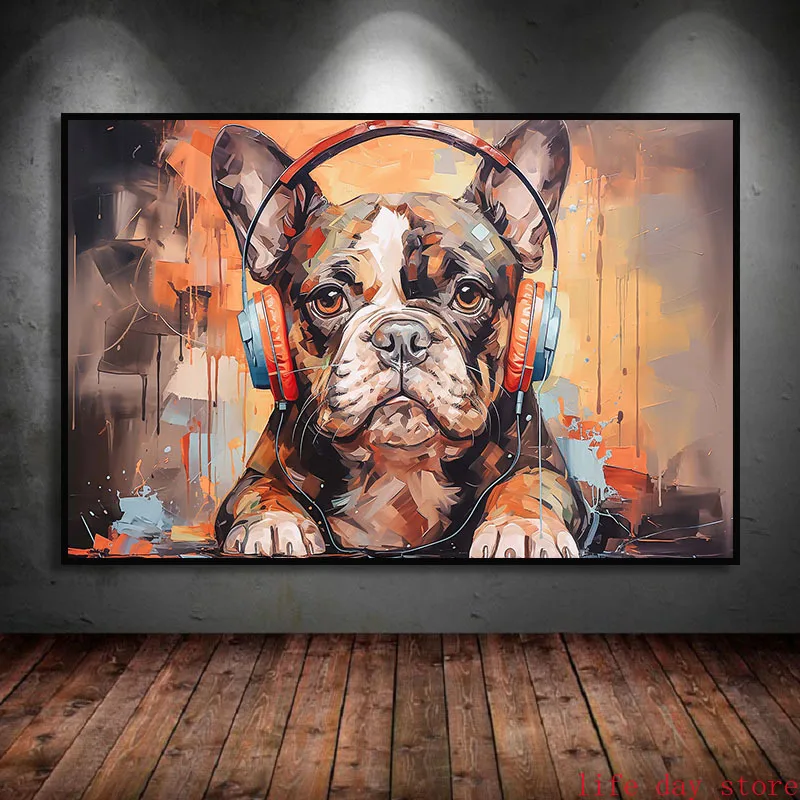 Animal Colorful Cute Cat Bulldog Headphone Dj Music Poster Canvas Print Painting  Wall Art Picture Internet Bar Room Decor Gift