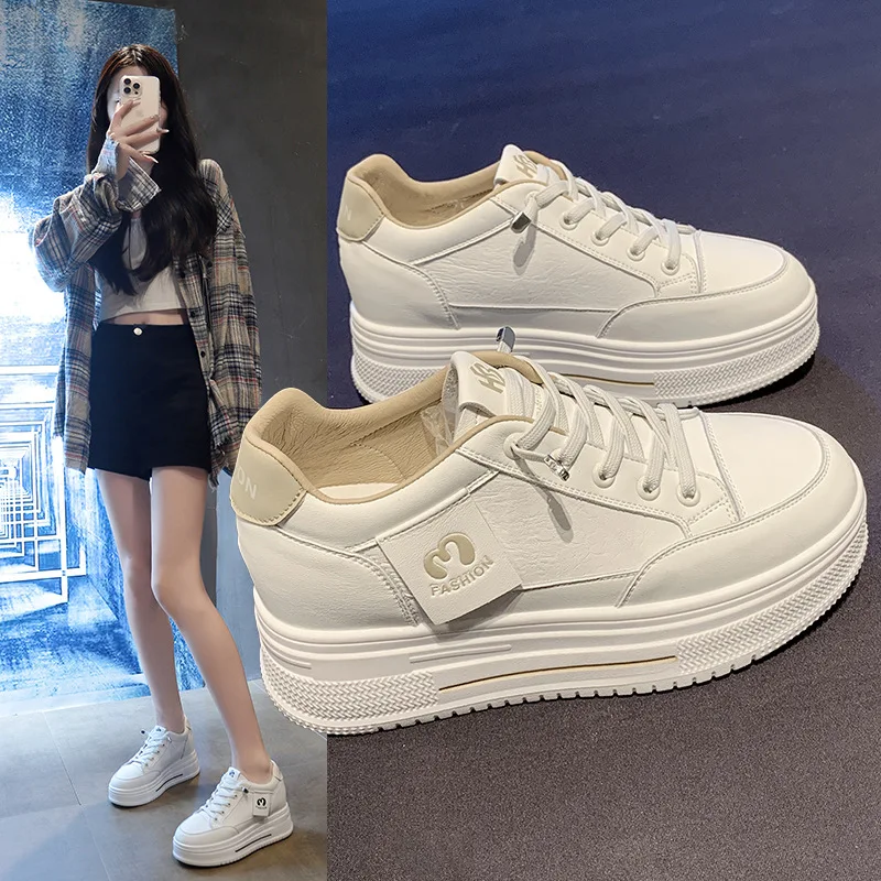

Women's Lightweight Height-Increasing White Sneakers Soft Leather Thick-Soled Sneakers for Petite Sizes Versatile Casual Shoes