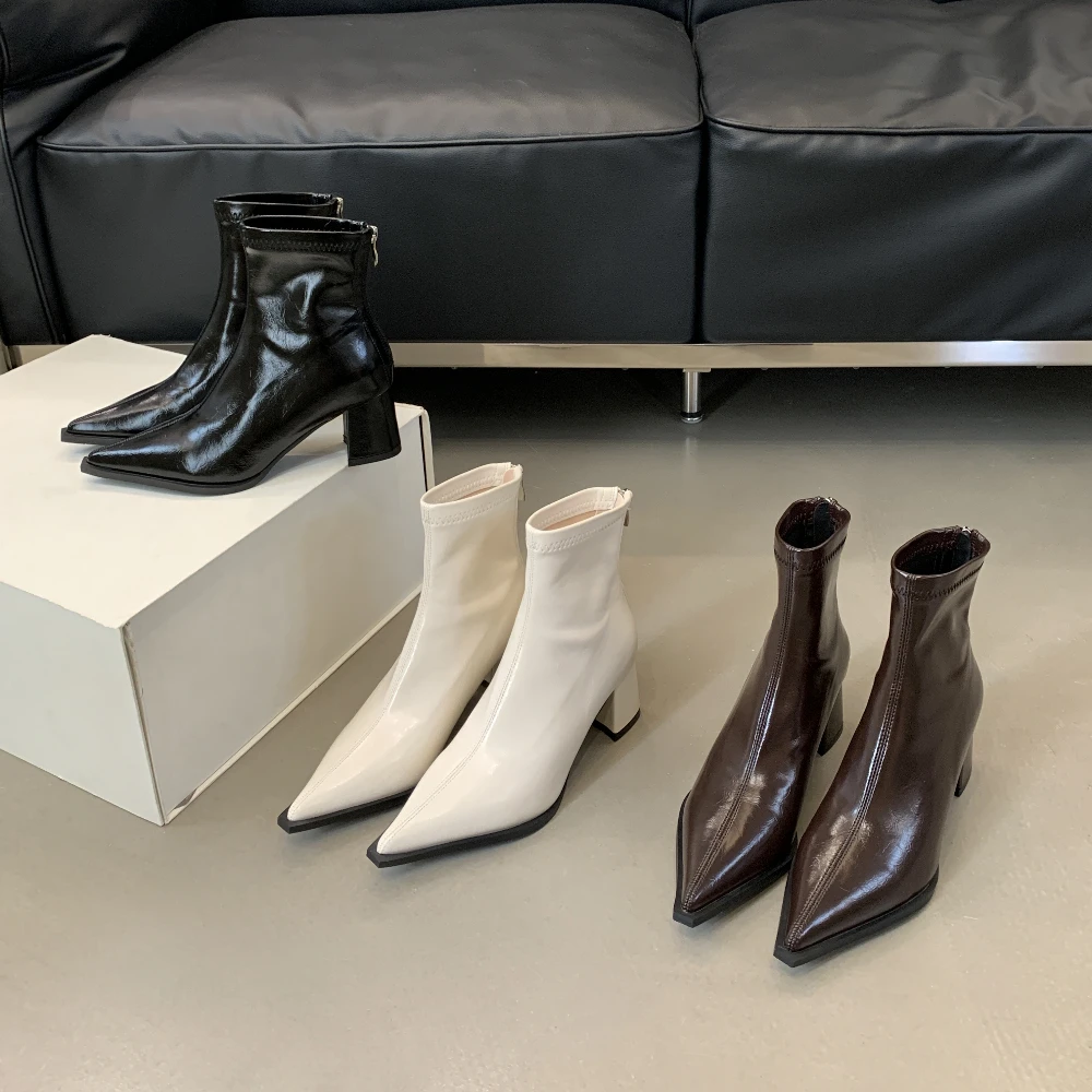 

Осенне-зимние ботильоны, женские модные короткие ботинки на высоком каблуке с острым носком на тонкой молнии и массивном каблуке для вечеринок