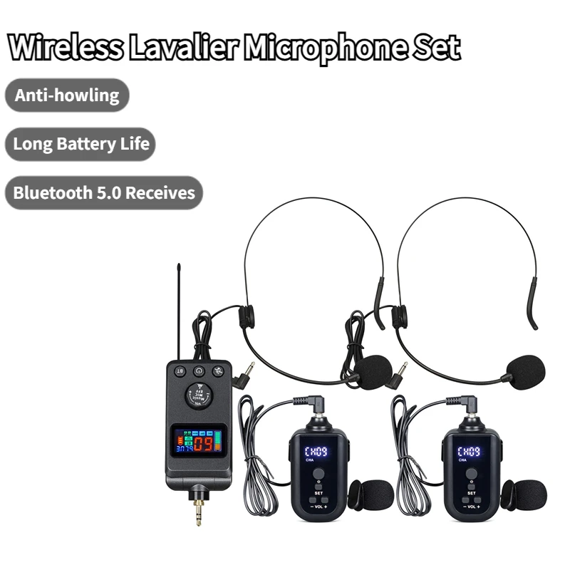 

Dual Wireless Microphone System Headset Mic/Lavalier Lapel Mic with Rechargeable Bodypack Transmitter & Receiver