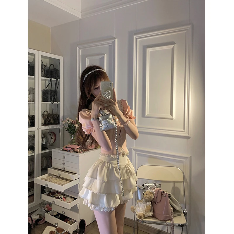 MEXZT Kawaii Cropped เสื้อสีชมพูผู้หญิงญี่ปุ่นน่ารักลูกไม้ Patchwork เสื้อฤดูร้อน Y2K พัฟแขนสั้น Slim Design Tops ใหม่