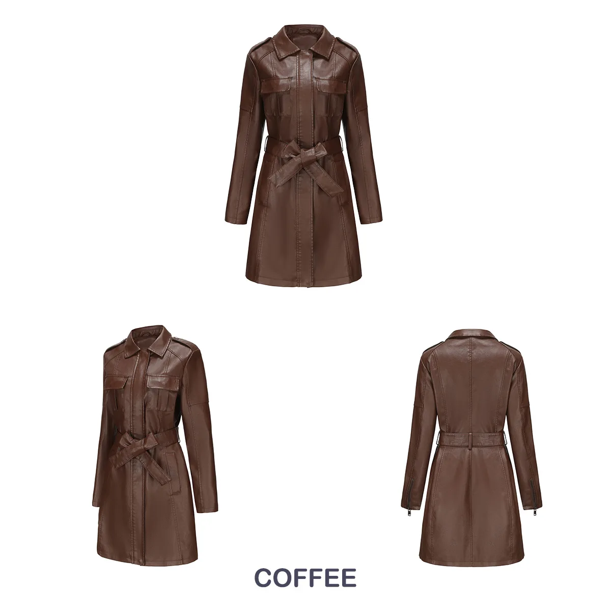 2024 New Outerwear Womens Mid-length Leather Lapel Jacket with Belt Spring Autumn Ladies Long-sleeve Trench Coat S-3XL