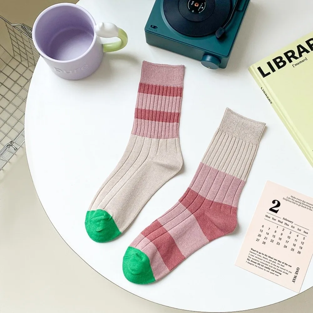 

A Pair Durable Warm Cotton Socks Stripes Soft Long Socks Asymmetrical Moisture Wicking Mid Tube Socks at All Seasons