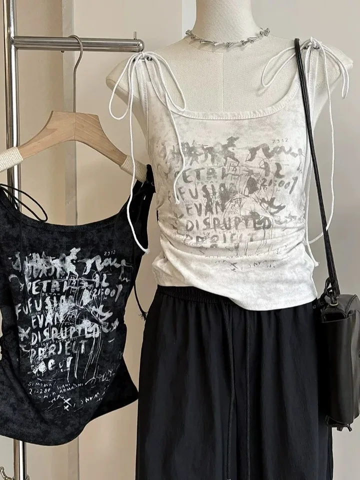 Summer Design American Style Square Collar Gathered Waist Slim Fit Short Sleeveless Strap Vest Top Women's Fashion Trend