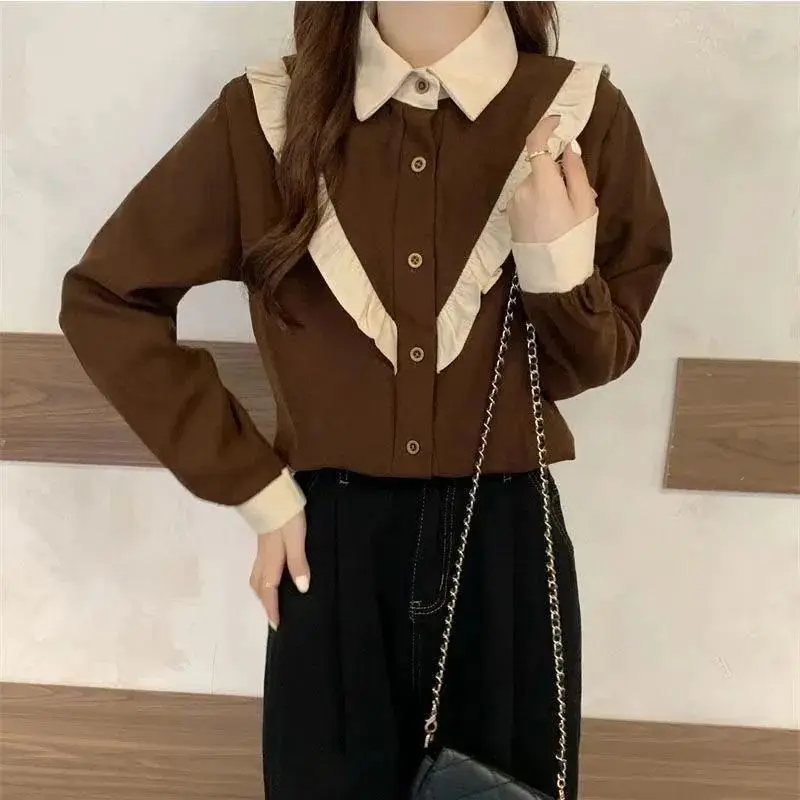 Chic Corduroy Spliced Ruched Shirts Women Fashion Loose Leisure All-match Plus Velvet Tops Ladies Elegant Young Popular Ins New