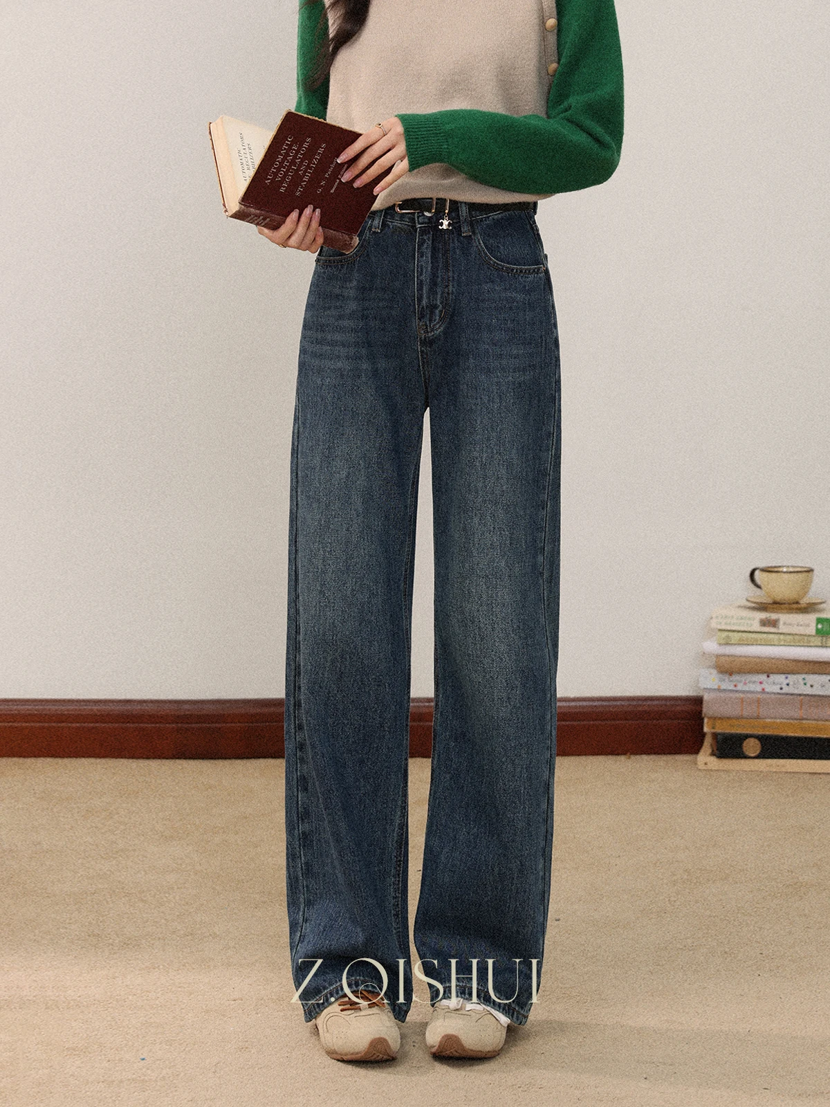 

Женские джинсы с высокой талией, прямые, синие, свободного кроя, из денима, осенние, модные, винтажные, повседневные