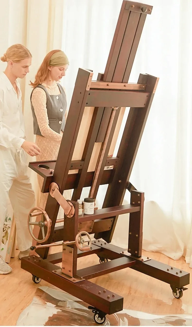 Beech Hand-cranked Jumbo Large Oil Painting Easel Wood Display Easel Canvas Board Adjustable Flat Stand Dual-use