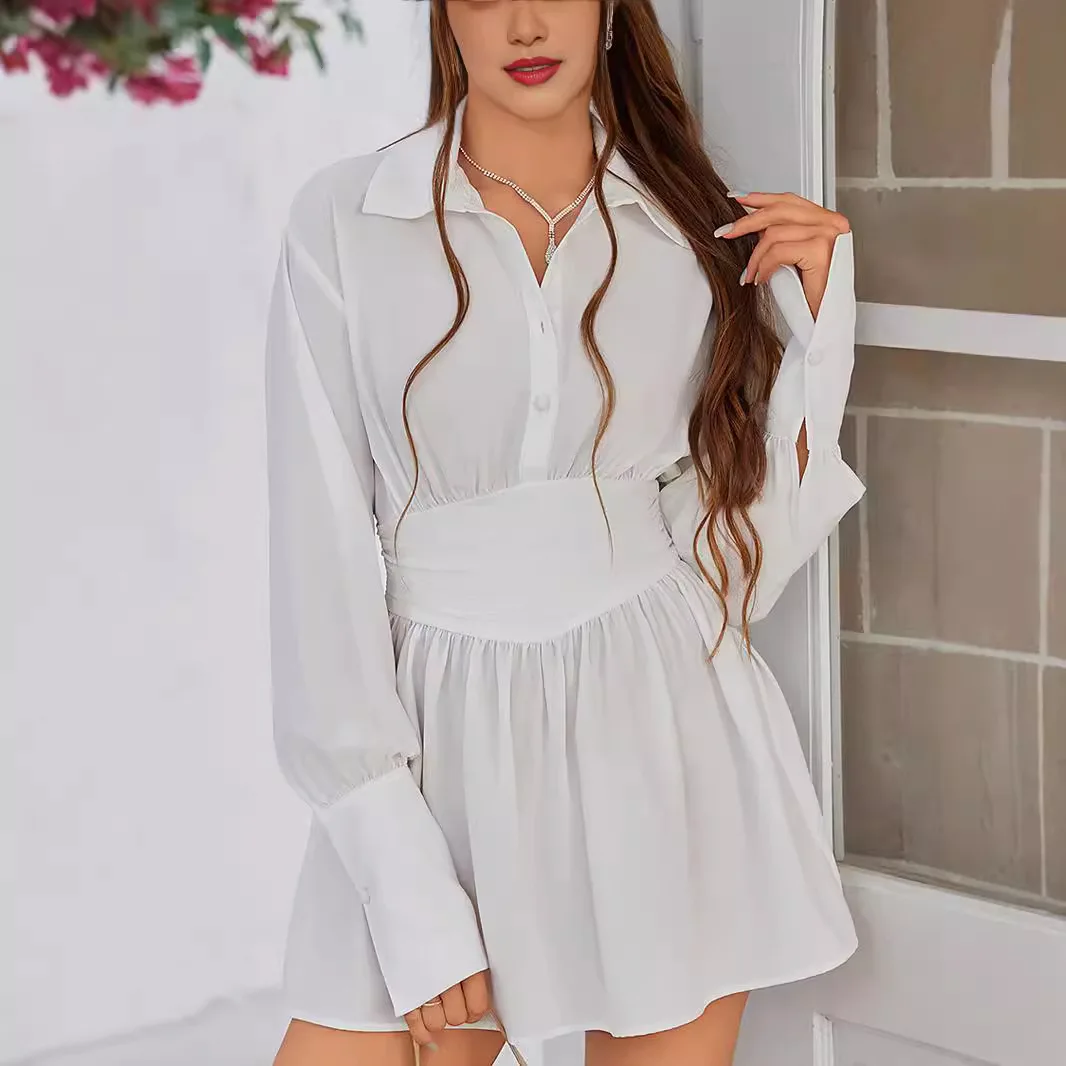 긴팔 V넥 다용도 드레스, 섹시 플리츠 허리 스몰 라펠 셔츠 숏 스커트 2025 봄 여름 신상 여성 패션