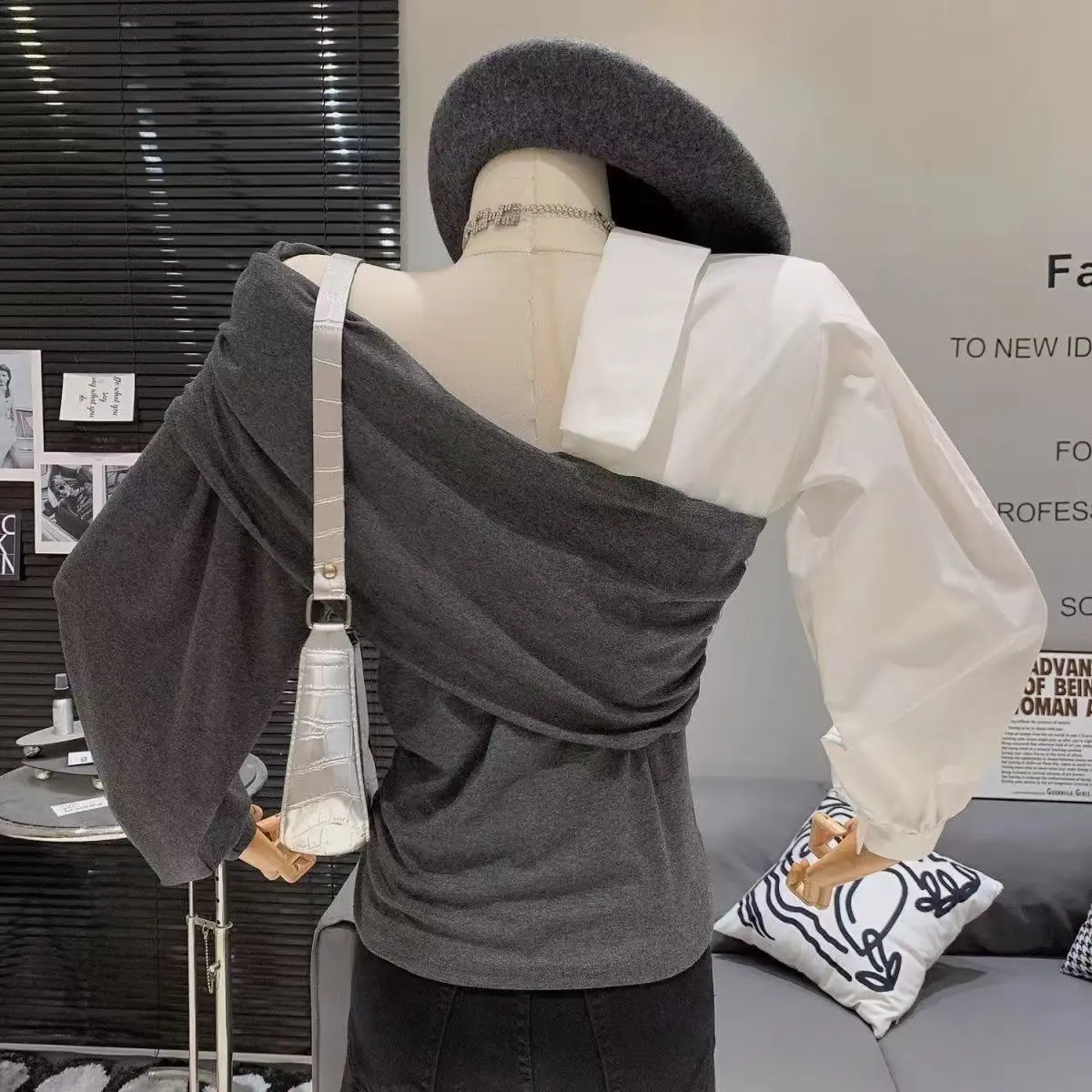 Camisas coreanas elegantes de manga larga con hombros descubiertos para mujer, Top informal de dos piezas falso ajustado con empalme Irregular de Color contrastante, verano 2025