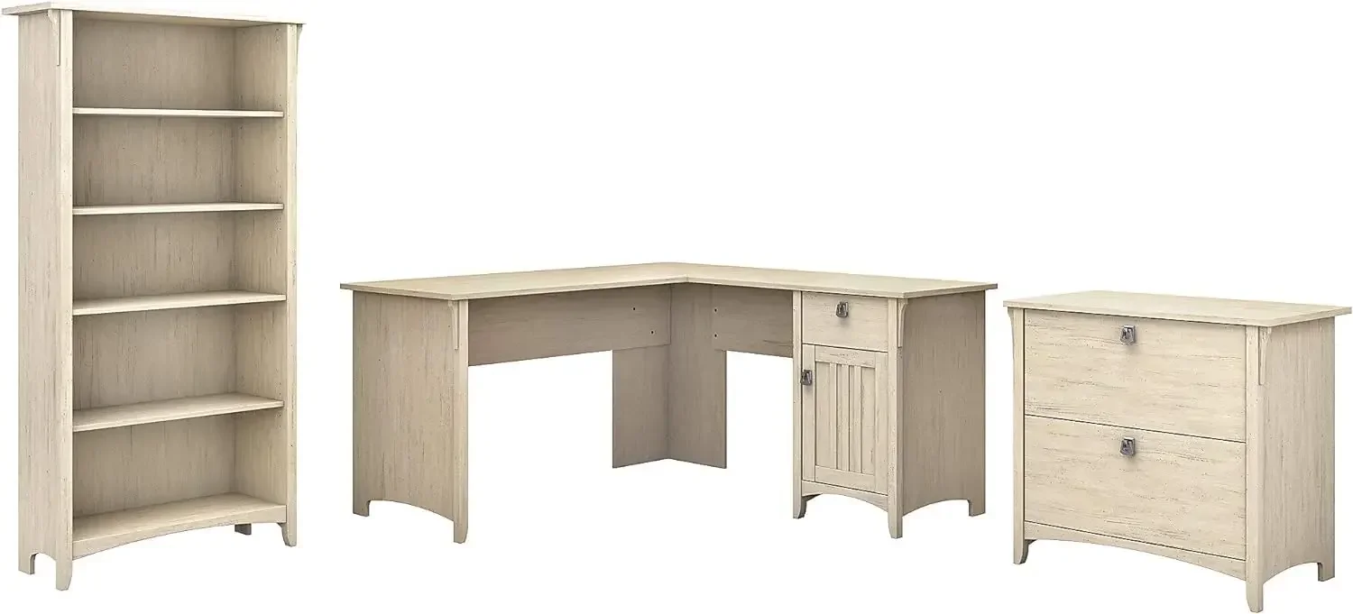 Salinas 60W L Shaped Desk with Lateral File Cabinet and 5 Shelf Bookcase in Antique White