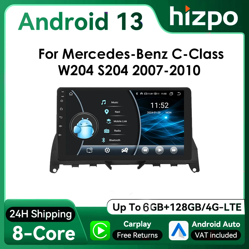 9“ Hizpo 2Din Android Auto Wireless CarPlay Autoradio für Mercedes Benz C-Klasse W204 S204 2007 - 2010 GPS RDS DSP UI8581 System