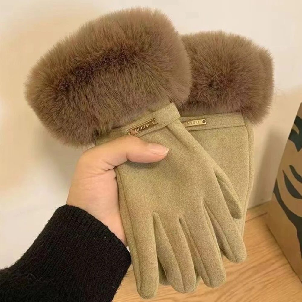 قفازات نسائية شتوية دافئة مخملية قفازات معصم قطيفة من جلد الغزال قفازات أصابع مقسمة مقاومة للرياح والبرودة قفازات سميكة تعمل باللمس