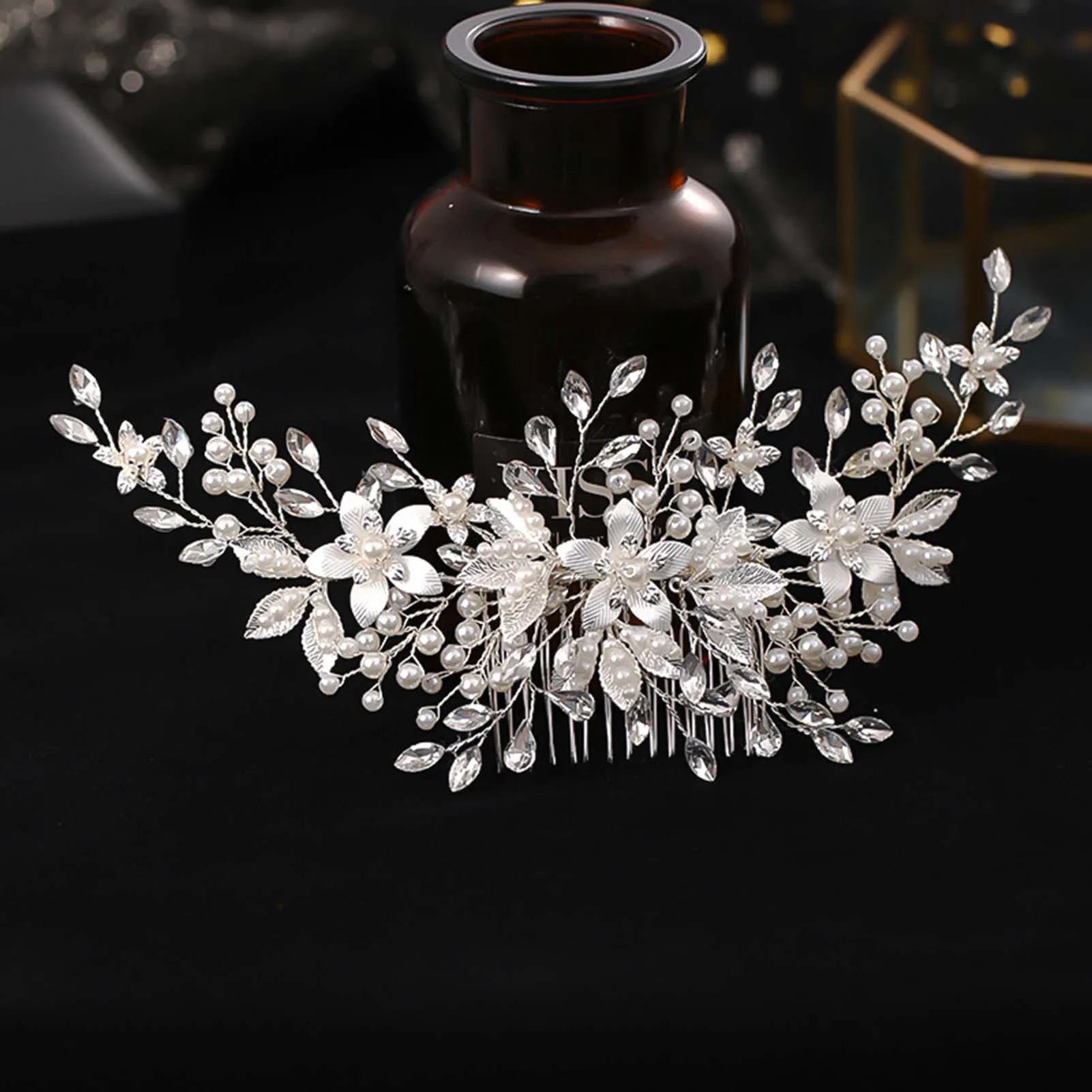 Braut-Haarkamm mit Perlen und Strass Modischer Blumen-Perlen-Haarnadel Hochzeits-Haaraccessoires Maskerade-Bankett-Haarschmuck – Detail 2