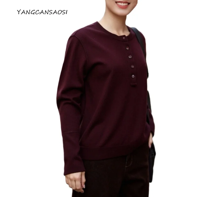 

Женский однотонный весенне-осенний модный вязаный свитер из 100% шерсти с длинными рукавами и круглым вырезом на пуговицах