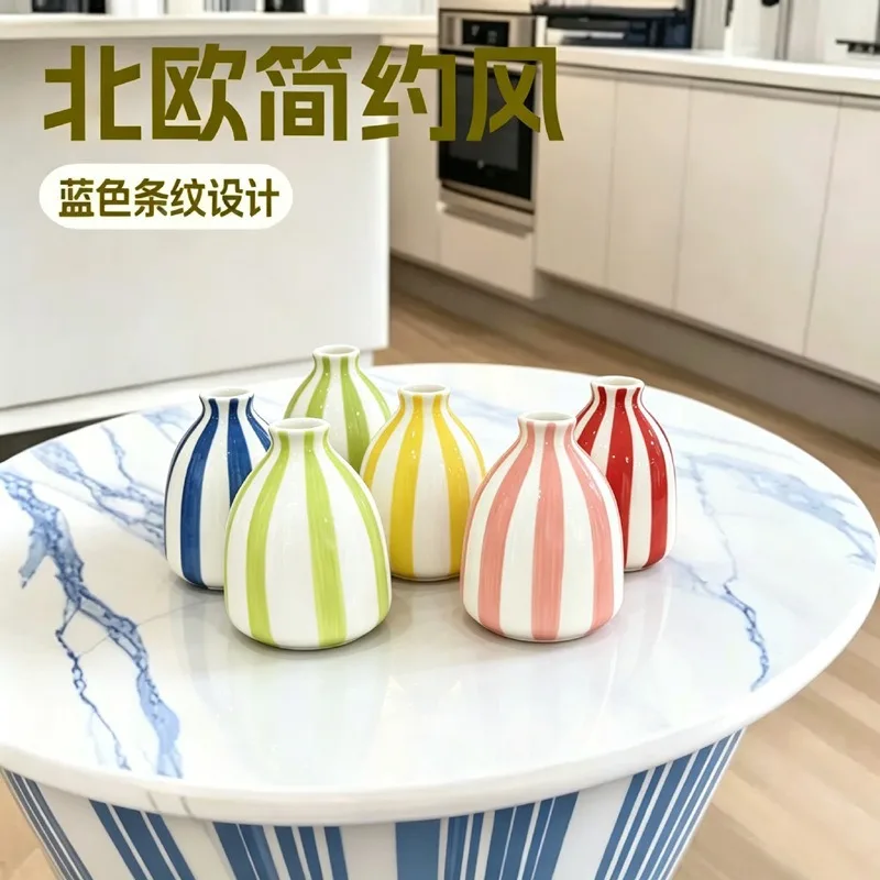 Mini Vertical Striped Ceramic Vase Multi Color Flower Container Desktop Home Tabletop Decor Ornament