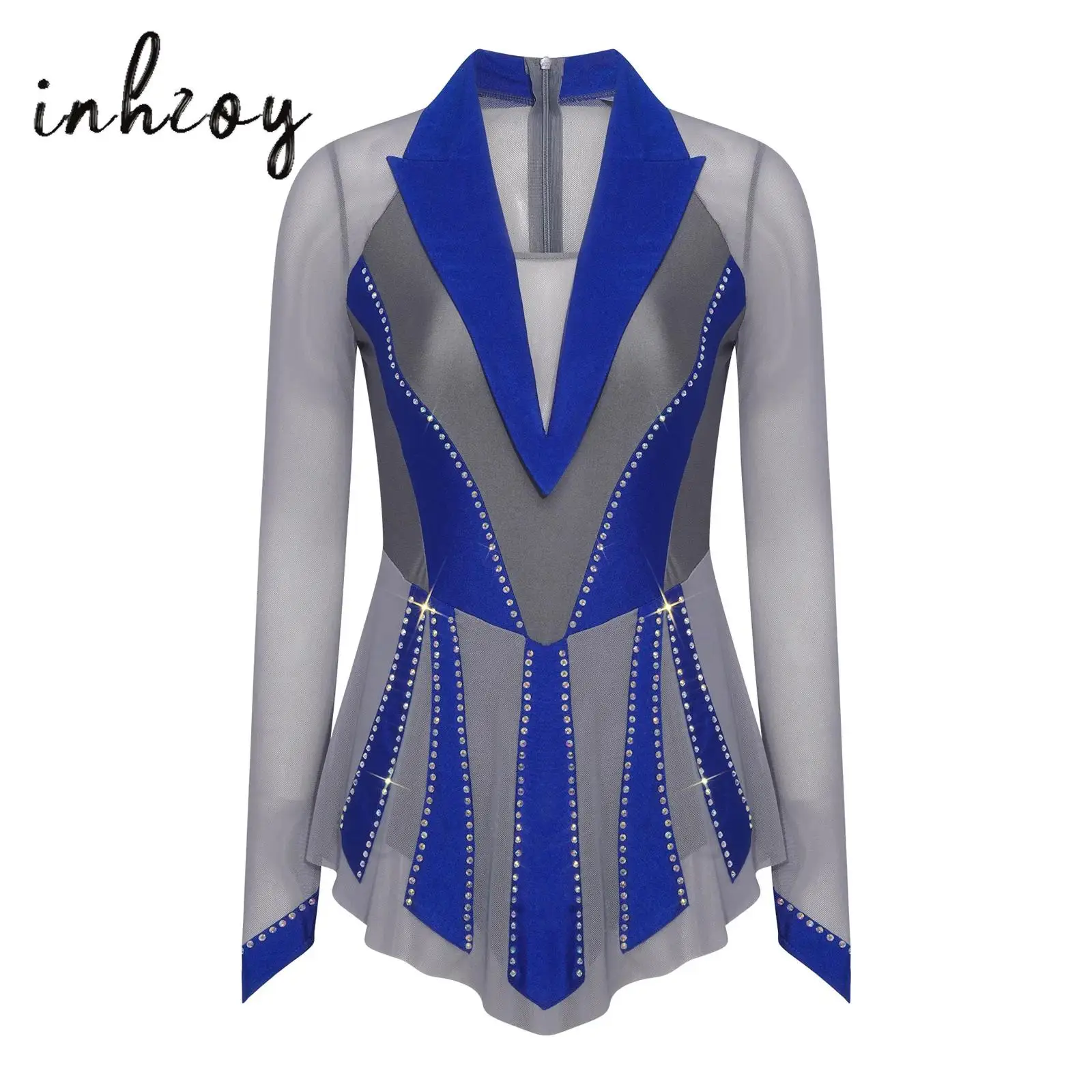 

Womens Figure Ice Skating Dresses Glittery Rhinestone Lyrical Dance Dresses Sheer Mesh Patchwork Contrast Color Ruffled Bodysuit