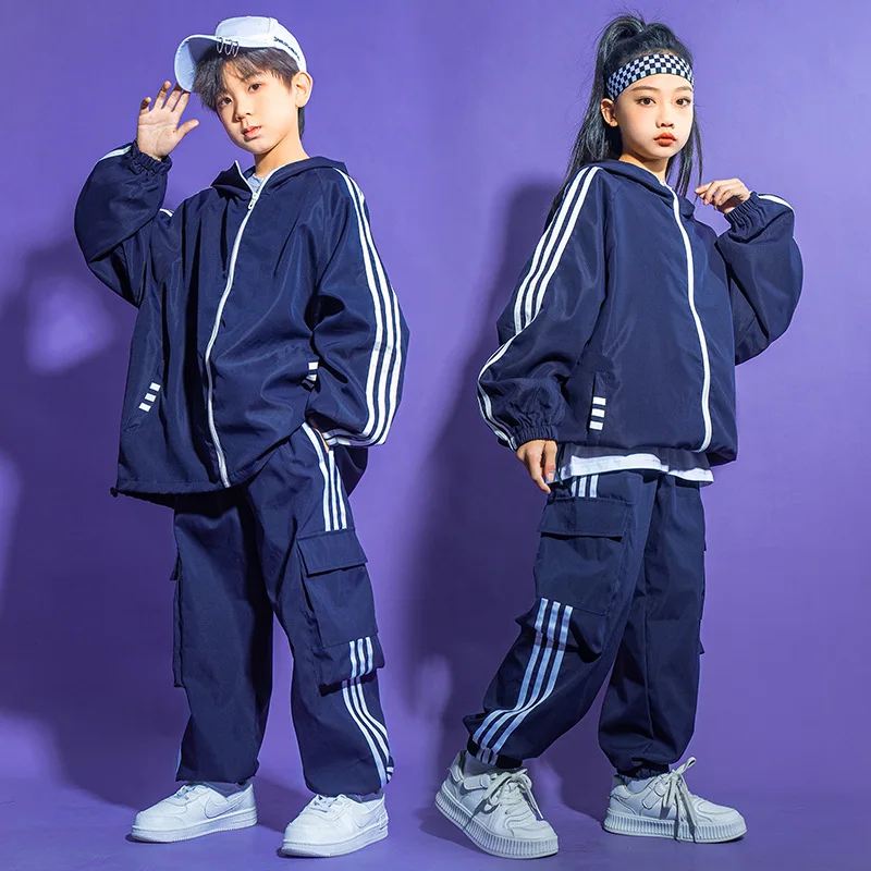 Junge Hip Hop Kostüm Street Dance Blau Pullover Hosen Mädchen Jazz Dance Kleidung Hip Hop Performance Anzug Rave Wear