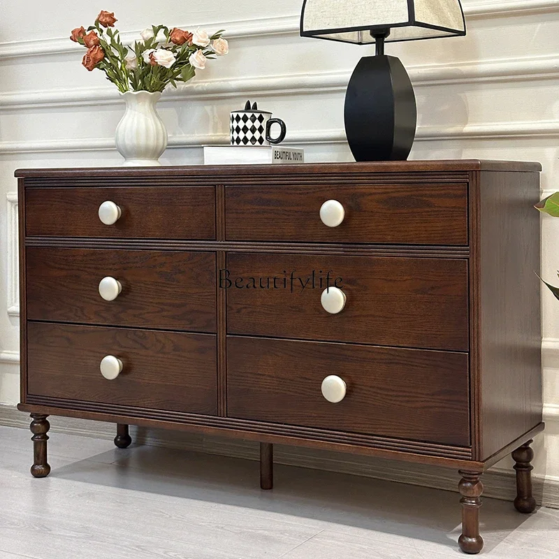 

French Retro Solid Wood Seven-Drawer Cabinet for Bedroom and Living Room Wall-Mounted Storage Cabinet