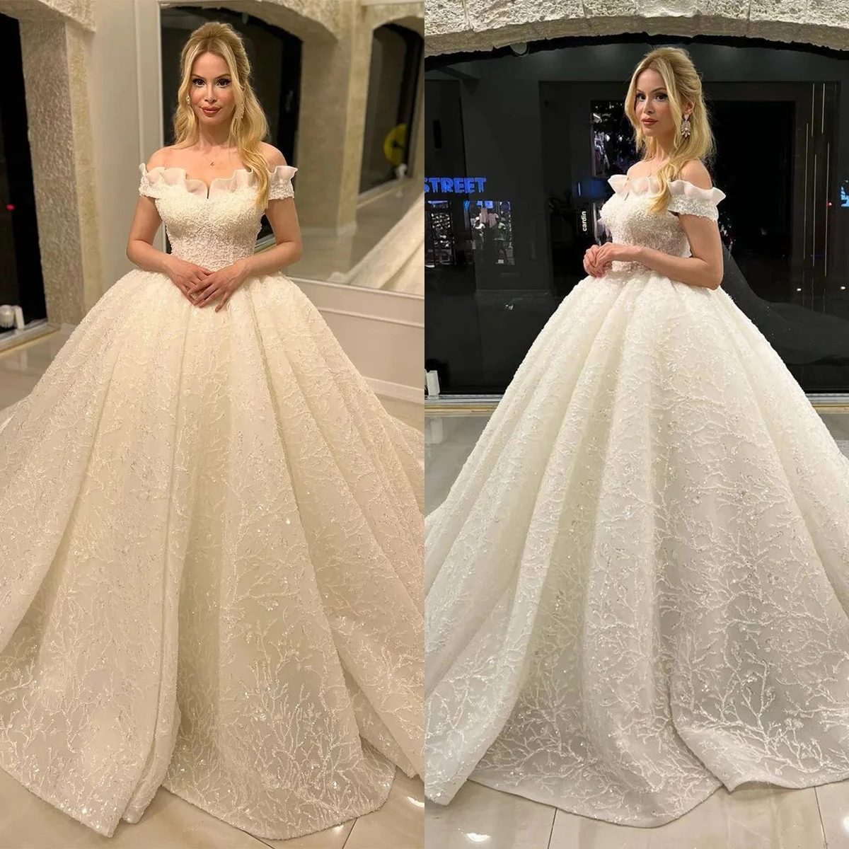 Gorgeous Ball Gown Wedding Dresses Off Shoulder Appliques Lace Bridal Custom Made Lace-Up Back Sweep Train Robe De Mariee