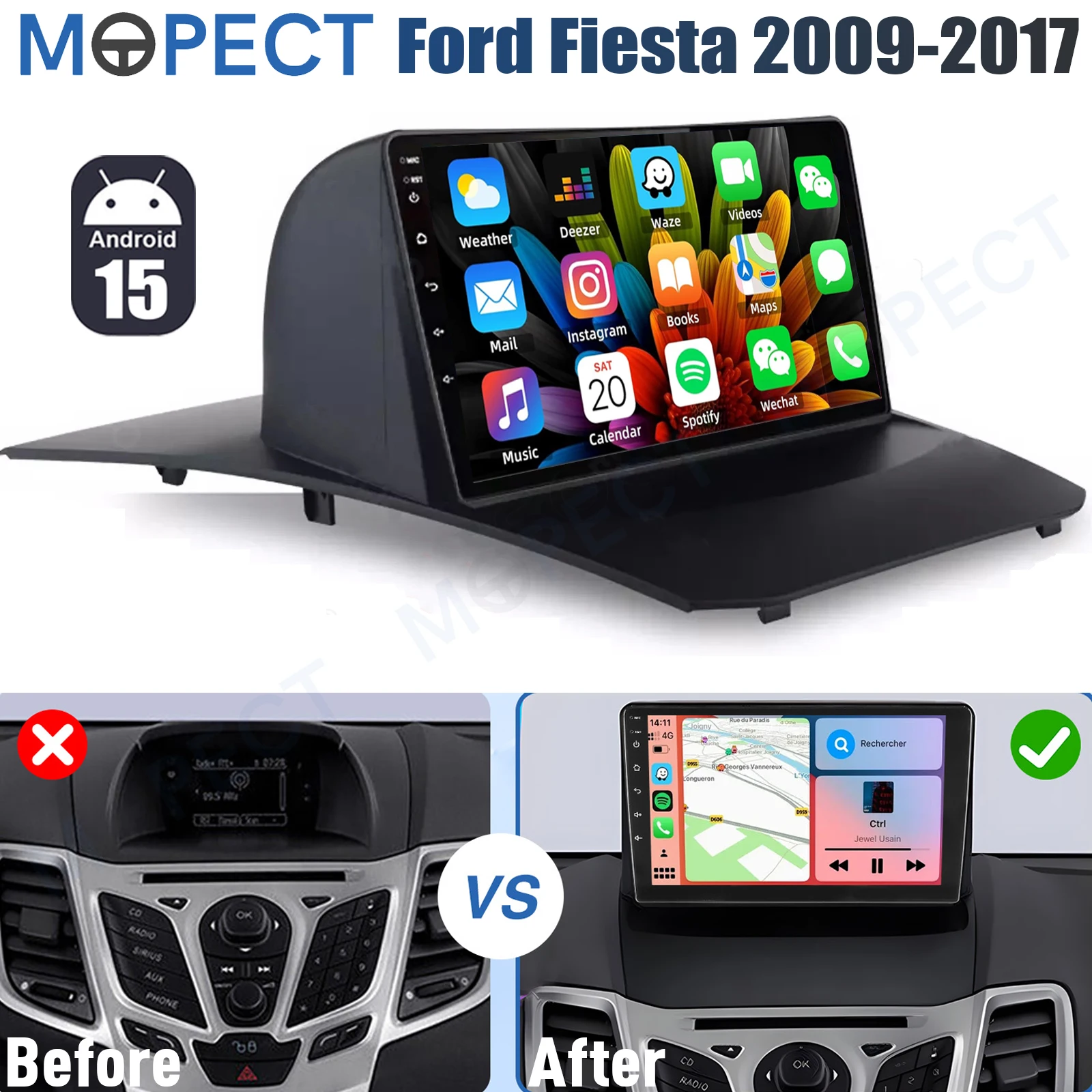 9 inch autoradio GPS Carplay radio 4+64G Android 15 voor Ford Fiesta 2009-2017 Apple CarPlay WiFi head unit AM/AM SWC BT+DAB&DVR&AHD