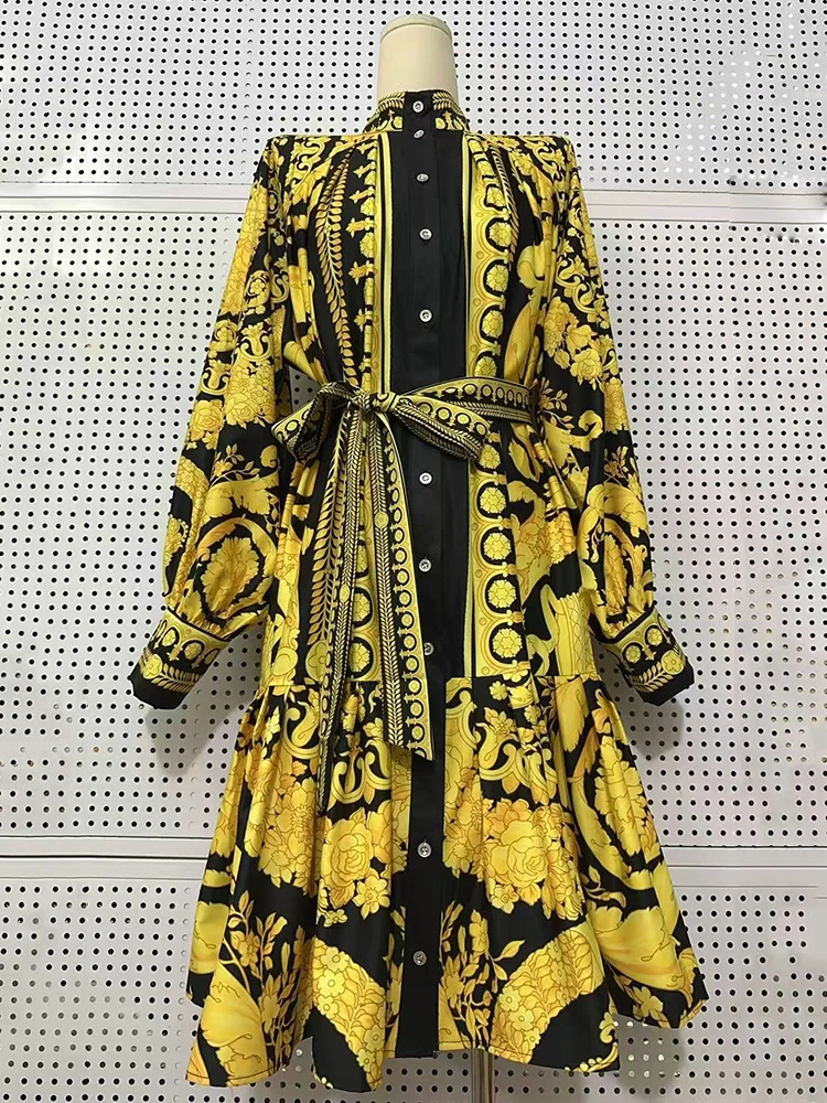 Retro-Kleid mit geometrischem Muster, Stehkragen, Einreiher, Schnürung an der Taille, locker geschnitten, Plus Size, Damen, plissierter Hemdkleidrock