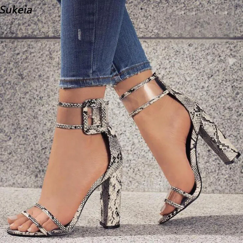 Sukeia New Arrival Women Ankle Wrap Sandals Snake Chunky Heels Round Toe Beautiful White Dress Shoes Ladies US Size 5-20