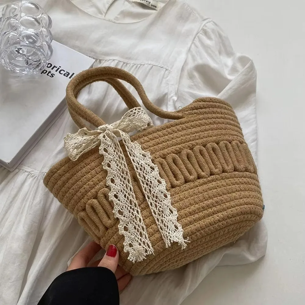 

Cotton Hand Woven Straw Handbag Large Capacity Carrying Holiday Beach Bag Portable Handmade Hand-woven Bag Mobile Phone
