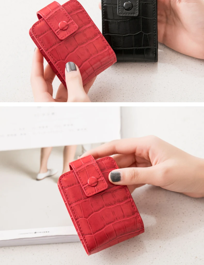 Tragbare Mini-Lippenstift-Tasche mit Spiegel, minimalistische kleine Kosmetiktasche mit Knopf, Damen-Make-up-Aufbewahrungskoffer mit Krokodilprägung – Detail 7