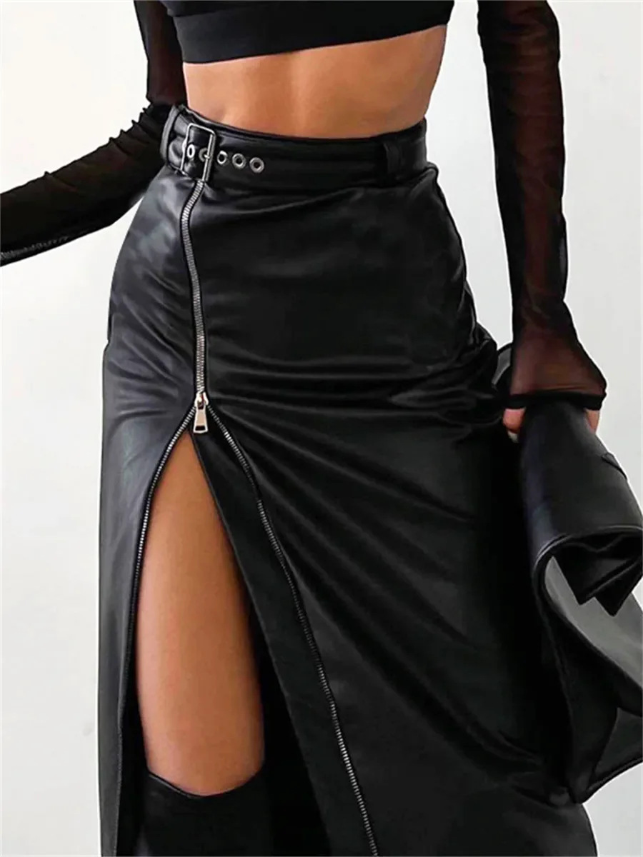 

PU Leather High Waist Pencil Black Skirts Vintage Grunge Women Streetwear Zipper High Split Bodycon Midi Skirt with Belt