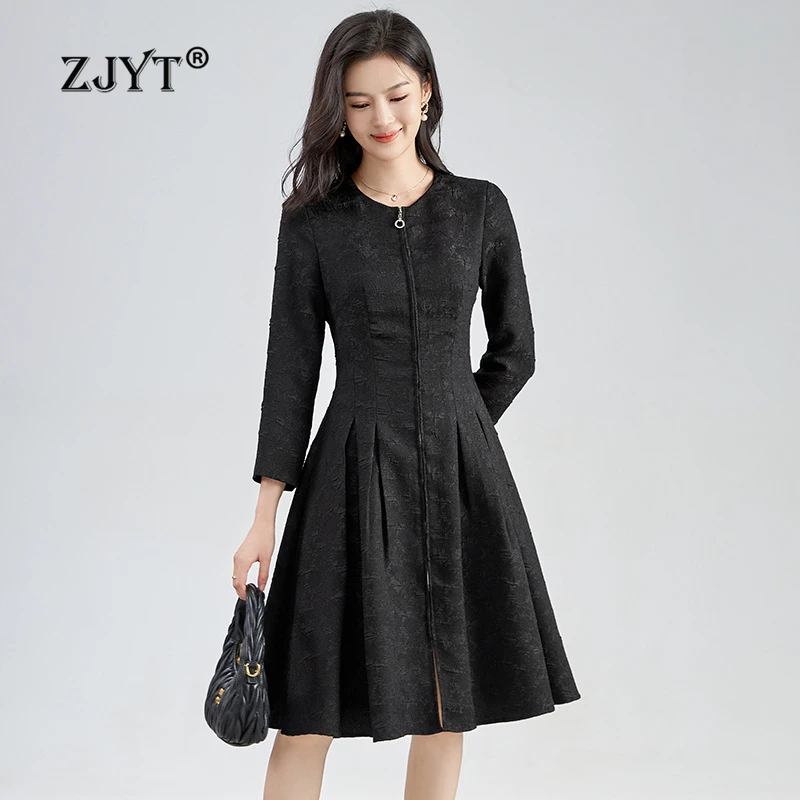 

ZJYT Elegant Autumn Long Sleeve Black Jacquard Dresses for Women 2024 New Vintage Casual Short Dress Vestido Femininos