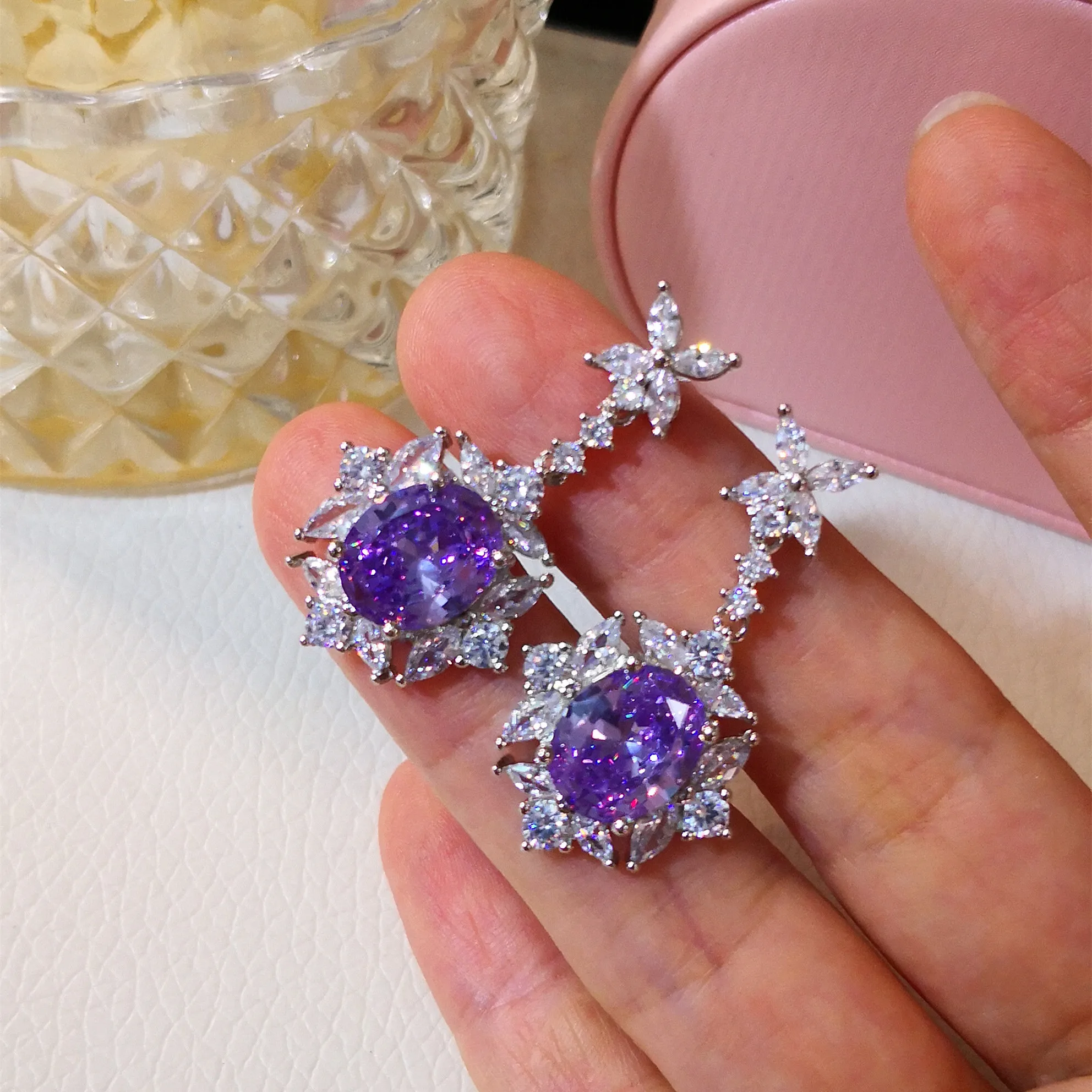 CC Purple Drop Earrings For Women 925 Silver Needle Ear Studs Shine Cubic Zirconia Fine Jewelry Party Accessories